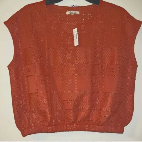 Madewell Women's Per Se Eyelet Top Cotton Rust Color Cap Sleeves Elastic… - Picture 13 of 13